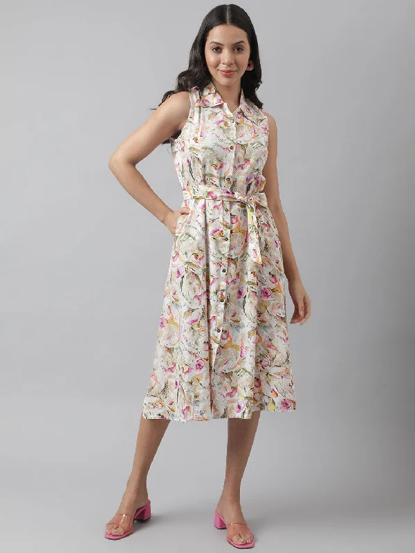 Women's Rayon Cream A-Line Floral Printed Midi Dress - Taantav Trendy Square Neck Midi Dress