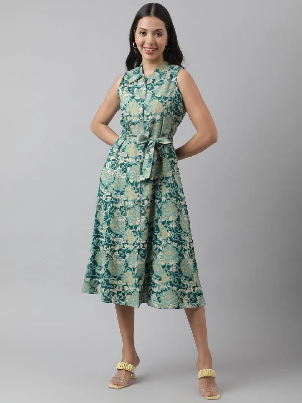 Women's Rayon Light Green A-Line Floral Printed Midi Dress - Taantav Elegant Satin Button Midi Dress