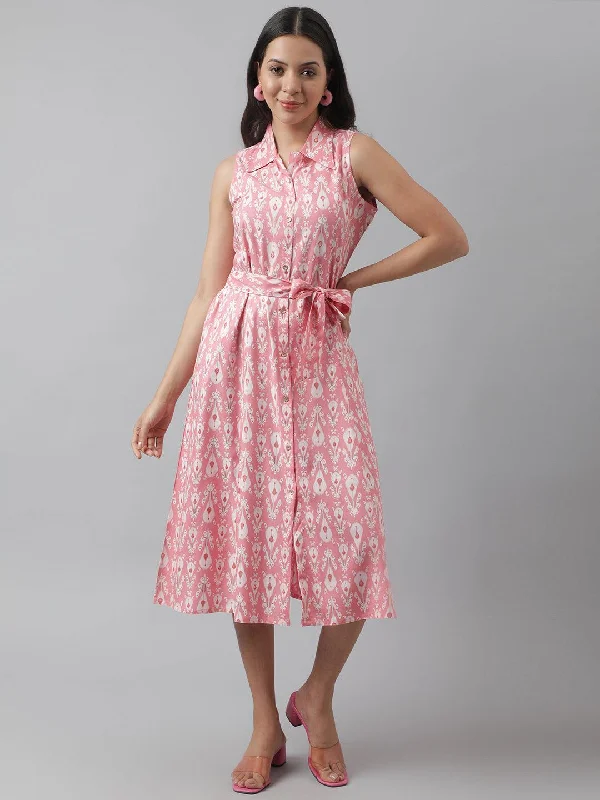 Women's Rayon Light Pink A-Line Floral Printed Midi Dress - Taantav Elegant Pleated Sleeve Midi Dress