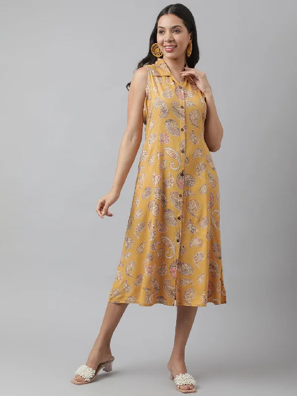 Women's Rayon Mustard A-Line Floral Printed Midi Dress - Taantav Comfortable Geometric Print Midi Dress