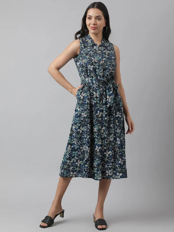 Women's Rayon Navy Blue A-Line Floral Printed Midi Dress - Taantav Fashionable High-Neck Midi Dress