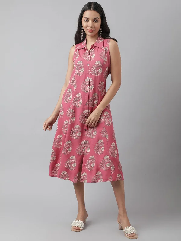 Women's Rayon Rose Pink A-Line Floral Printed Midi Dress - Taantav Stylish Color Block Midi Dress