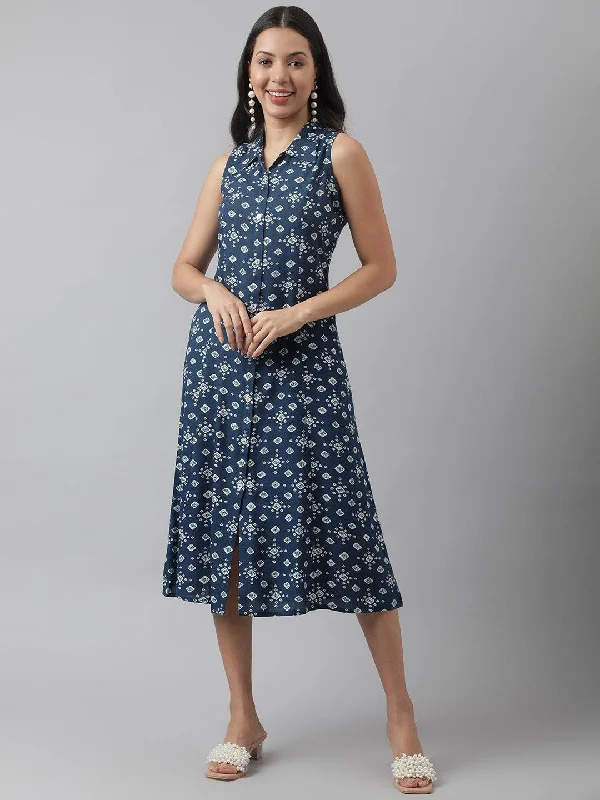 Women's Rayon Teal Blue A-Line Floral Printed Midi Dress - Taantav Trendy Ruffled Sleeve Midi Dress