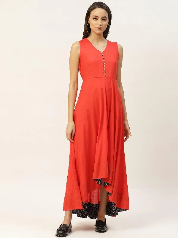 Women's Red High Low Anarkali Maxi Dress - SHAE Comfortable Ruffle Hem Maxi Dress