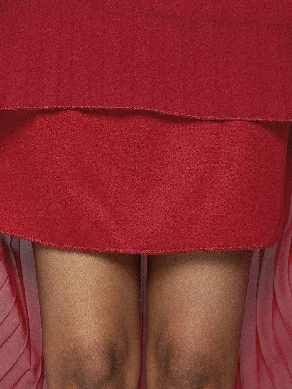 Women's Red High Low Pleated Bardot Mini Dress - SASSAFRAS Cozy Cowl Neck Mini Dress Women's Red High Low Pleated Bardot Mini Dress - SASSAFRAS Cozy Cowl Neck Mini Dress