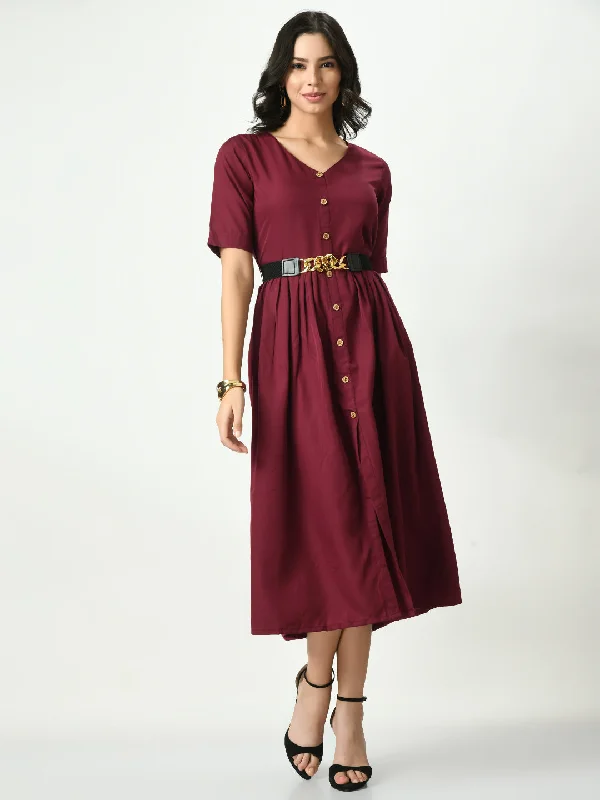 Burgundy Stylish Midi Dress For Womens Comfortable Lace-Up Midi Dress