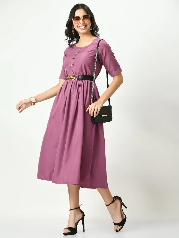 Lavender Stylish Midi Dress For Womens Elegant Puff Sleeve Midi Dress