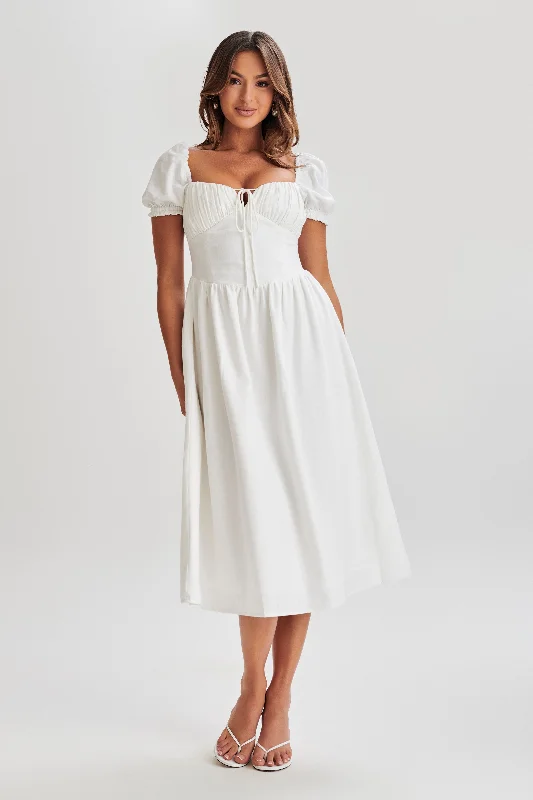 Rosalind Puff Sleeve Midi Dress - White Stylish Button-Up Midi Dress