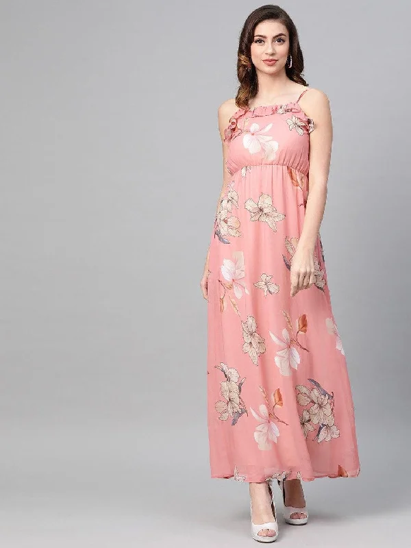 Women's Rose Pink Floral Strappy Maxi Dress - SASSAFRAS Trendy A-Line Maxi Dress