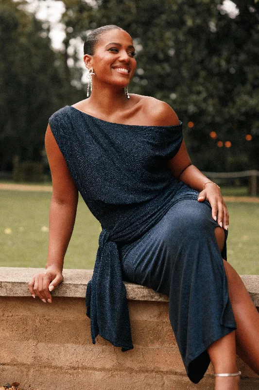 Santiago Off Shoulder Midi Dress - Navy Cozy T-shirt Midi Dress