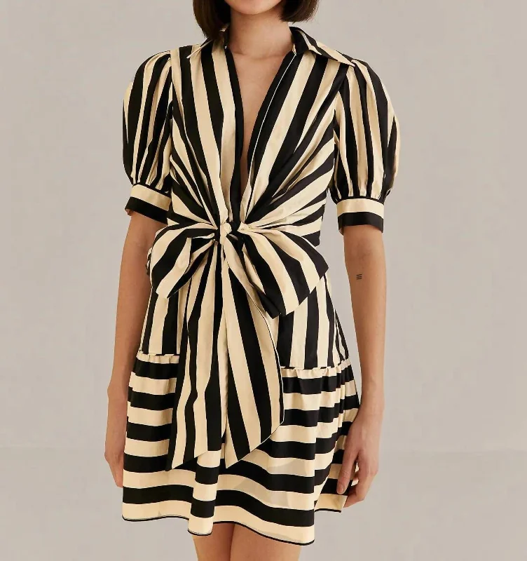 Short Sleeve Mini Dress In Mixed Stripes Black Stylish Ribbed Mini Dress