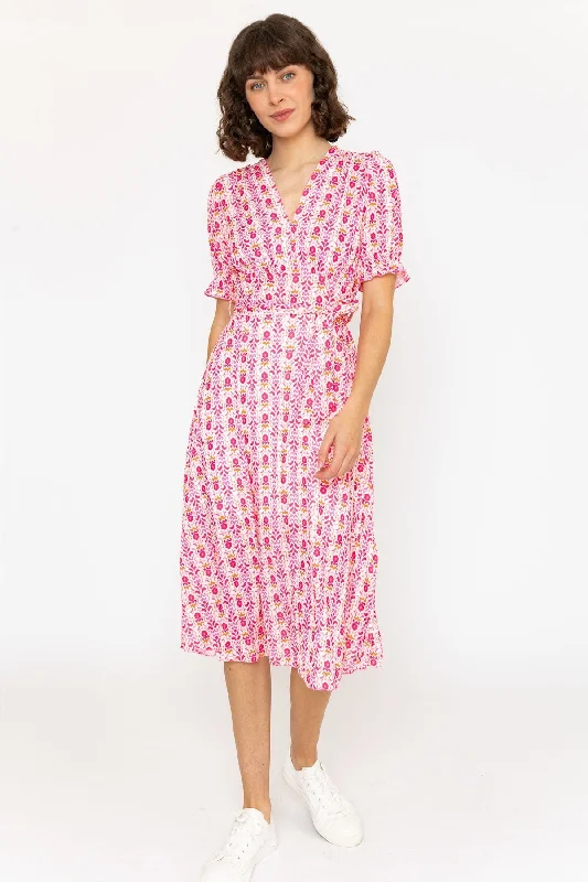 Short Sleeve Sinead Pink Midi Dress Cozy Midi Dress with Pockets