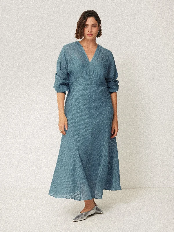 Silk Linen Gauze Maxi Dress | Blue Chic Summer Maxi Dress