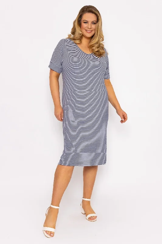 Striped Midi Dress in Navy Trendy Long Sleeve Midi Dress