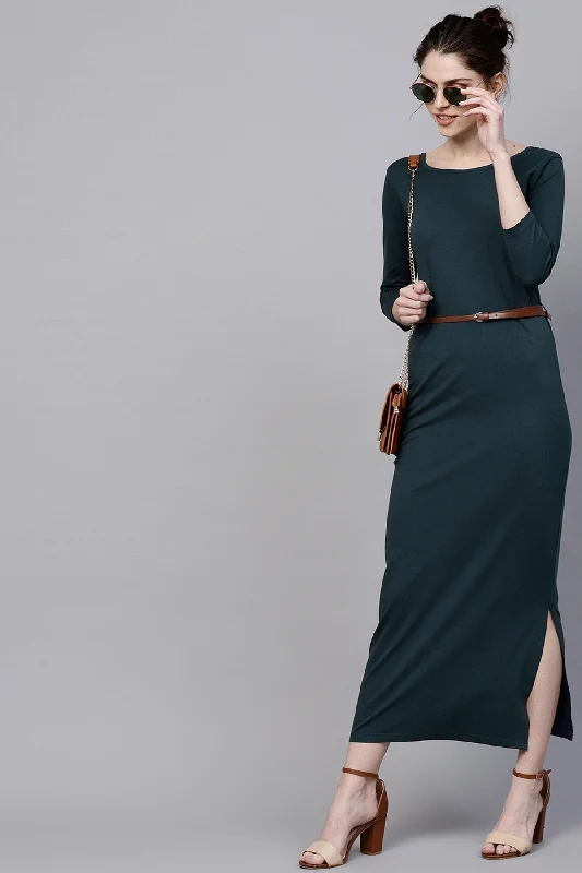 Women's Teal Maxi Dress With Belt - SASSAFRAS Stylish One-Shoulder Maxi Dress