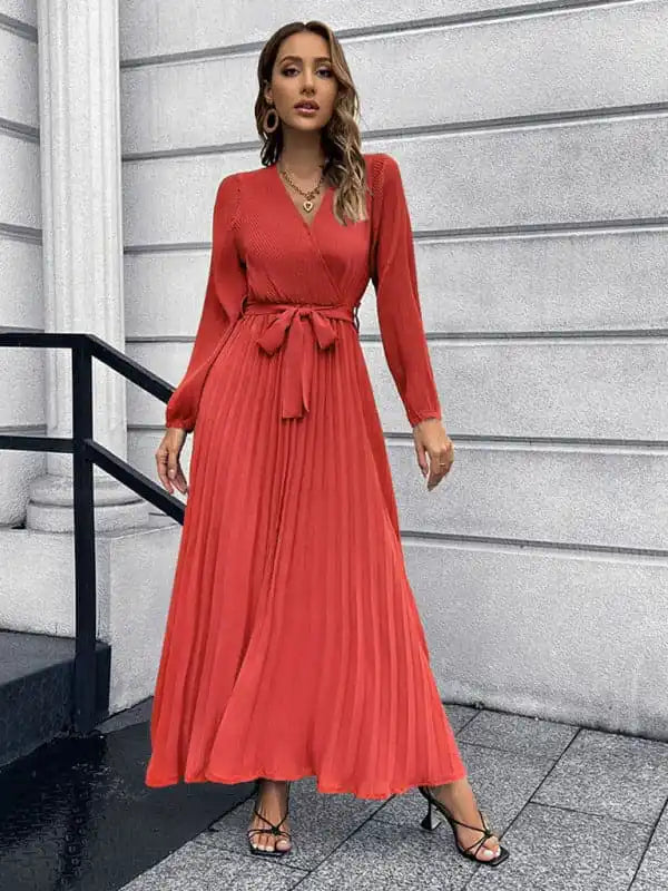 V-neck Long-Sleeved Pleated A-line Midi Dress Trendy Ruffle Hem Midi Dress