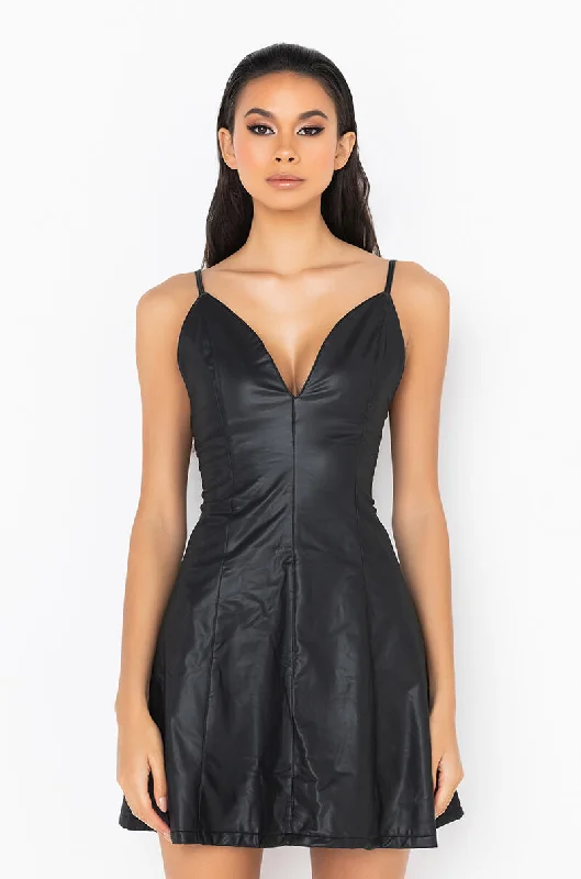 VEGAN LEATHER ESSENTIAL MINI DRESS BLACK Elegant Mini Dress with Pleats