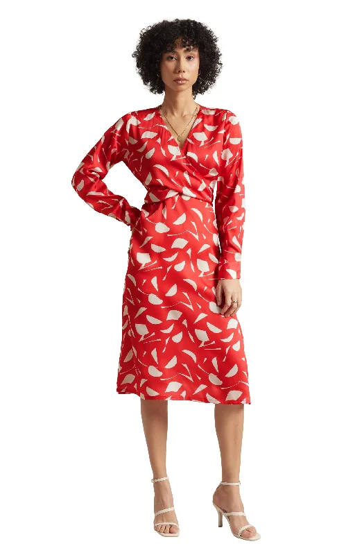 Women's Red Satin Abstract Midi Dress - Zaccai Comfortable Casual Midi Dress