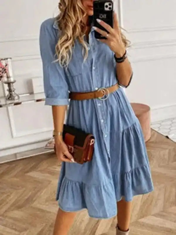 Women’s Denim Lapel Panel Button Breasted Midi Dress Chic Lace Detail Midi Dress