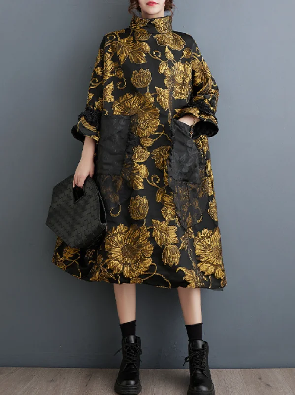 Women's Double-Layer Flower Front Pockets Midi dress Trendy Off-Shoulder Ruffle Midi Dress
