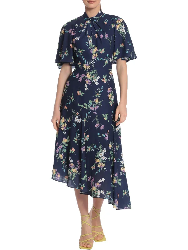 Womens Floral Calf Midi Dress Stylish Silk Midi Dress