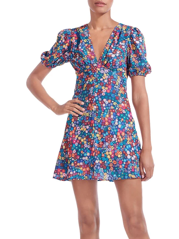 Womens Floral Print V Neck Mini Dress Trendy Bodycon Mini Dress