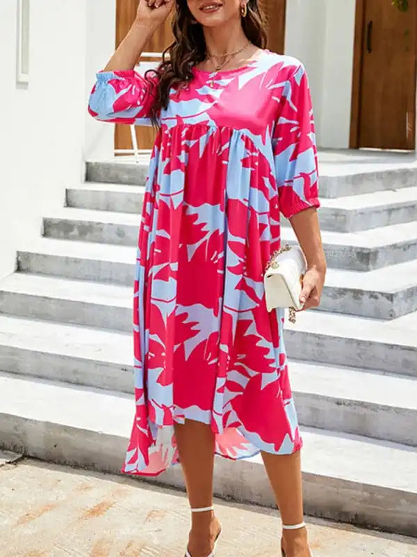 Women’s Printed Puff Sleeve Shift Midi Dress Elegant Sleeveless Midi Dress