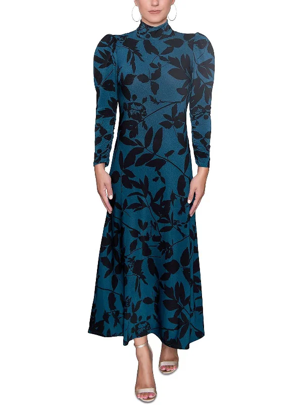 Womens Printed Puff Sleeves Midi Dress Trendy Smocked Waist Midi Dress