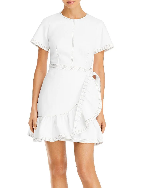 Womens Ruffled Short Mini Dress Trendy Button-Detail Mini Dress