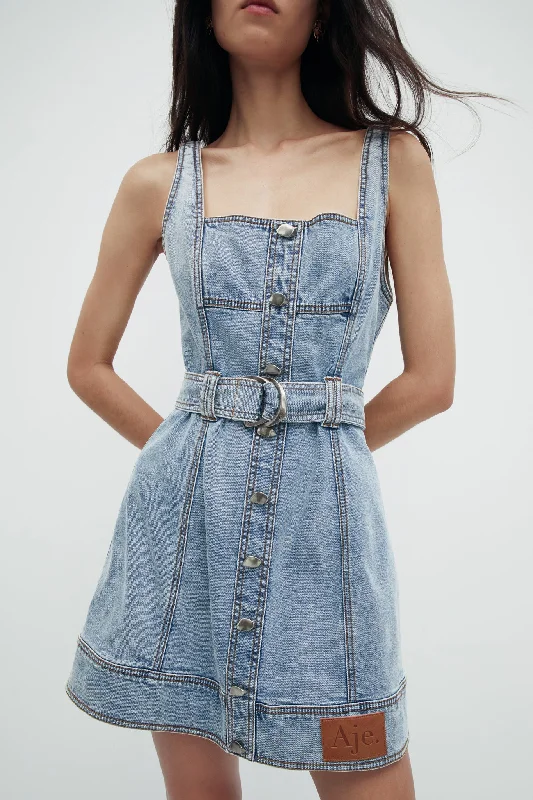 Zariah Denim Mini Dress Trendy Button-Detail Mini Dress