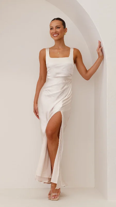 Alaria Maxi Dress - Champagne Elegant Maxi Dress with Ruffles