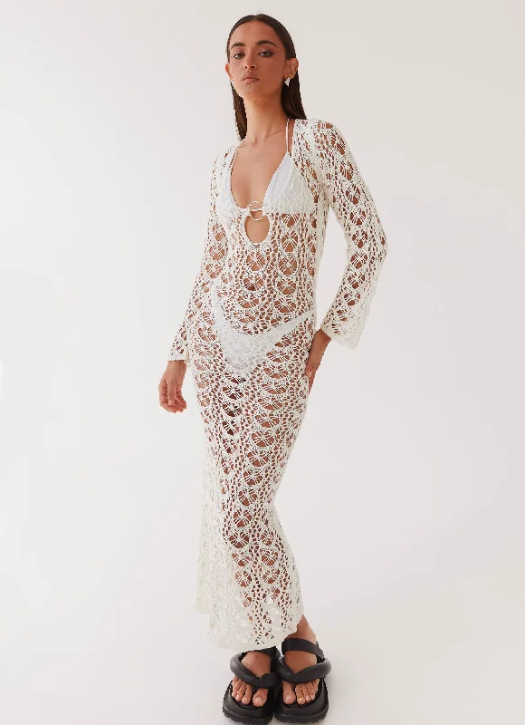 Beach To Bar Crochet Maxi Dress - Cream Trendy Floral Print Maxi Dress