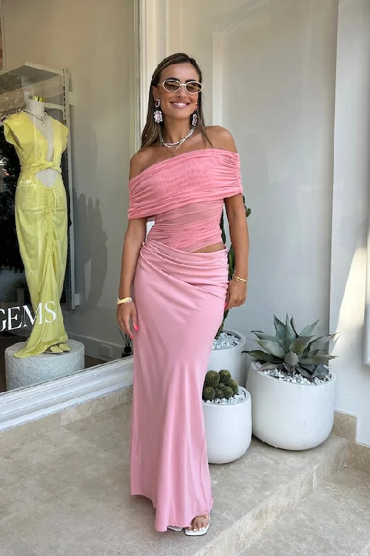 Nico Off Shoulder Maxi Dress Candy Floss Comfortable Maxi Dress with Slits