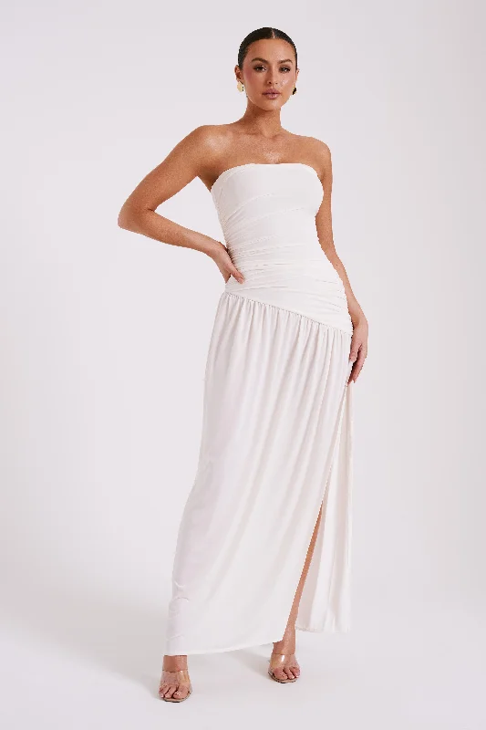 Bex Strapless Slinky Maxi Dress With Split - Ivory Trendy Short Sleeve Maxi Dress