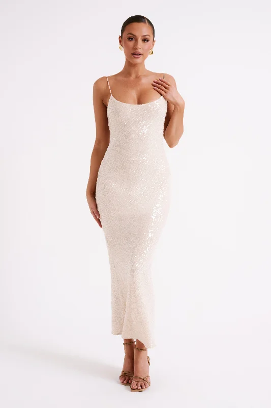 Brianna Sequin Maxi Dress - Cream Fashionable High-Waist Maxi Dress