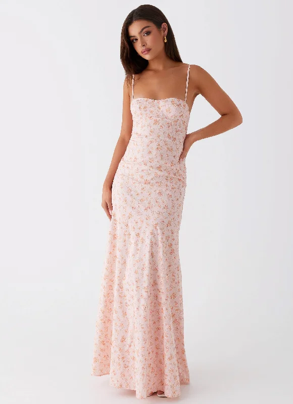 Britney Maxi Dress - Pink Ditsy Floral Casual Maxi Dress with Pockets