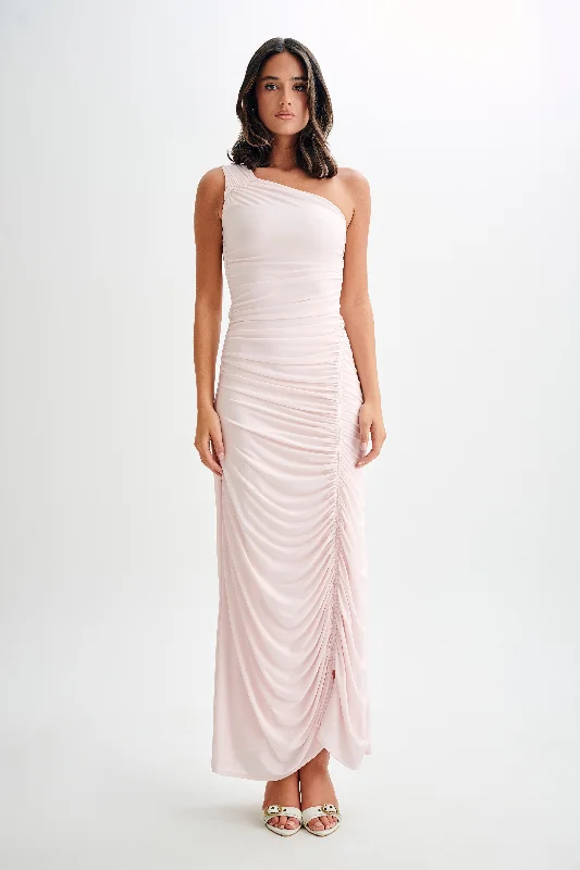 Capri Gathered Slinky Maxi Dress - Powder Pink Cozy Knitted Maxi Dress