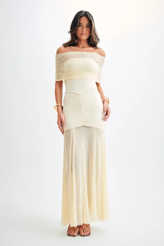 Caspian Slinky And Mesh Off Shoulder Maxi Dress - Ivory Comfortable Satin Maxi Dress