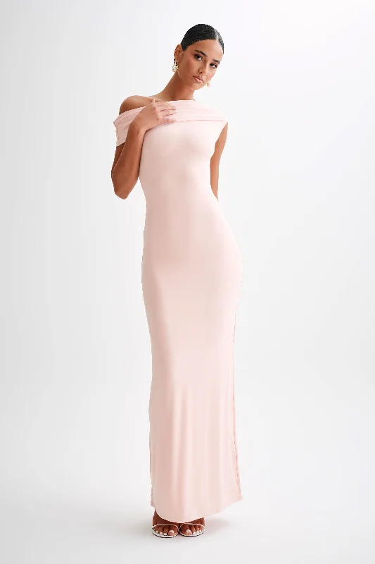 Cassandra Off Shoulder Slinky Maxi Dress - Pale Pink Cozy Open-Back Maxi Dress