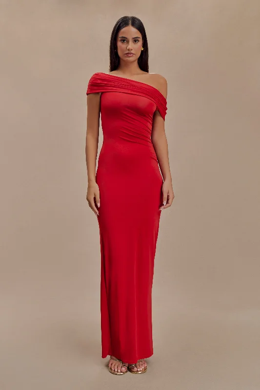 Cassandra Off Shoulder Slinky Maxi Dress - Red Stylish Off-Shoulder Maxi Dress