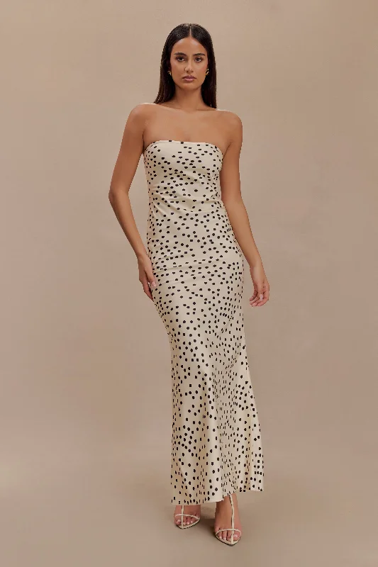 Claudette Strapless Satin Maxi Dress - Polka Dot Print Fashionable Layered Maxi Dress