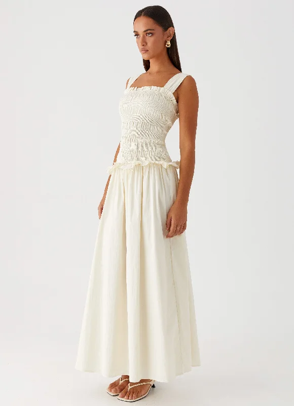 Deana Shirred Maxi Dress - White Comfortable Ruffle Hem Maxi Dress