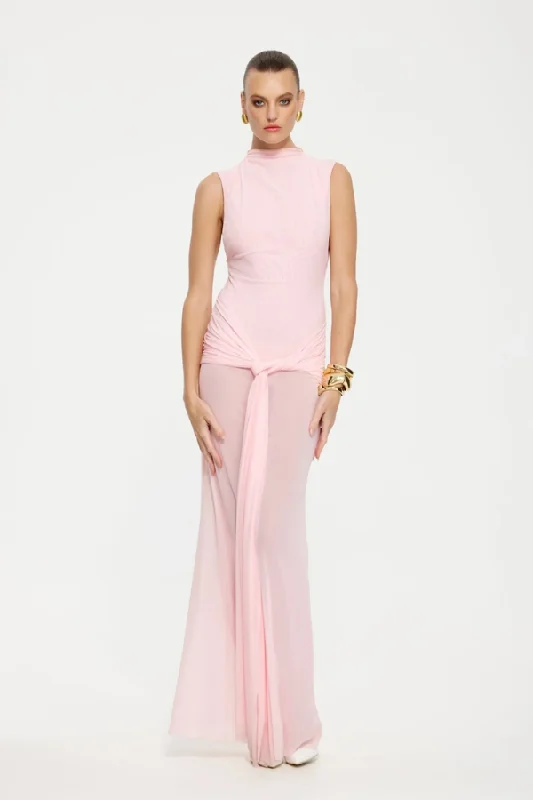Roza Maxi Dress Petal Pink Mesh Comfortable Maxi Dress with Sleeves