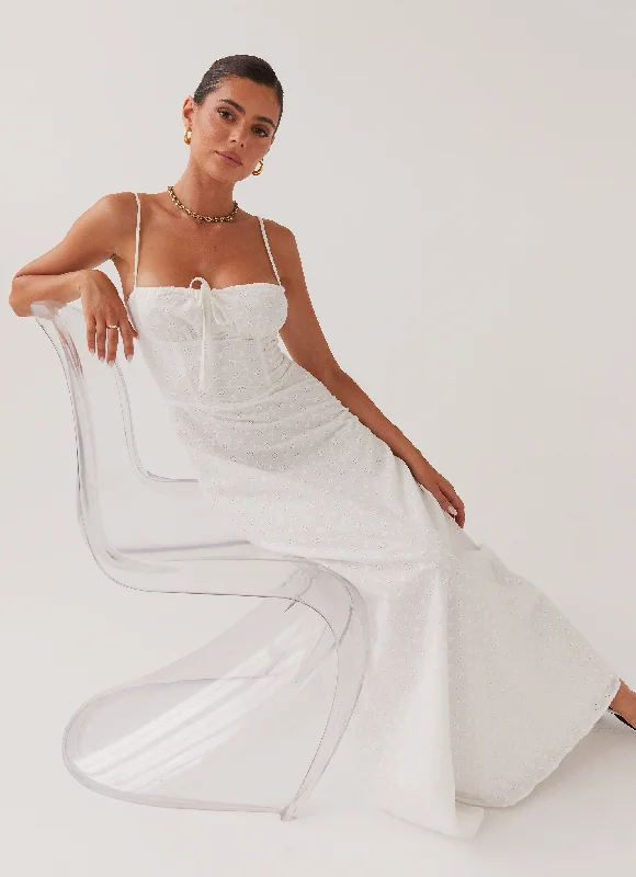 Elsie Broderie Maxi Dress - White Elegant Maxi Dress with Drapes