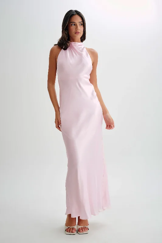 Esther Iridescent Satin Cowl Maxi Dress - Pale Pink Fashionable Maxi Dress with Fringe