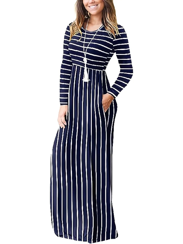 Fall/Winter Chic: Cozy Geometric High-Waist Maxi Dress with Crew Neck, Long Sleeves - Durable & Easy-Care, Perfect for Daily Wear Stylish One-Shoulder Maxi Dress