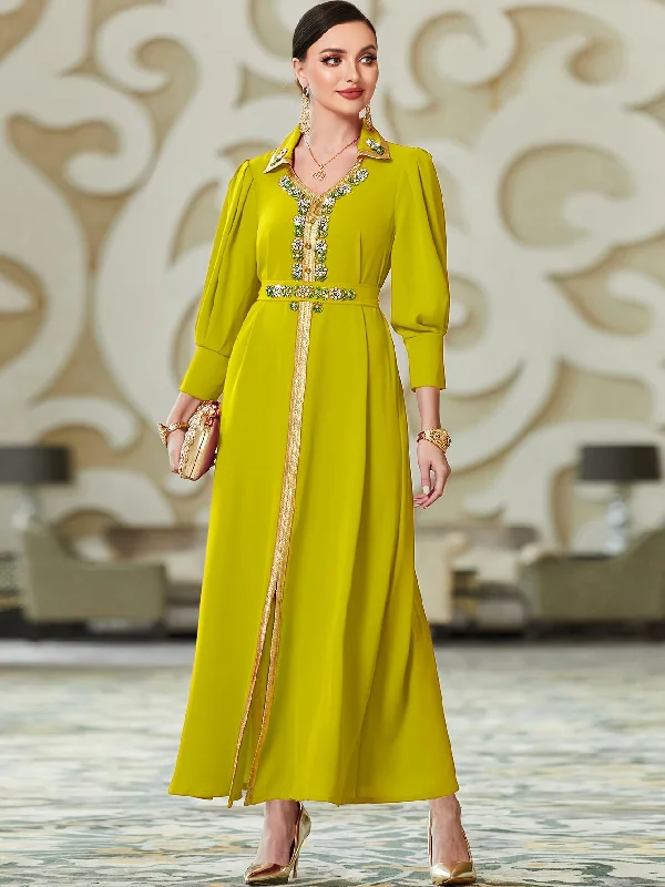 Glamorous Rhinestone V Neck Kaftan Maxi Dress - Sparkling Long Sleeve Split Design - Elegant Evening Wear for Women Classic A-Line Maxi Dress