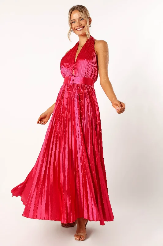 Greta Halterneck Maxi Dress - Magenta Elegant Lace Maxi Dress