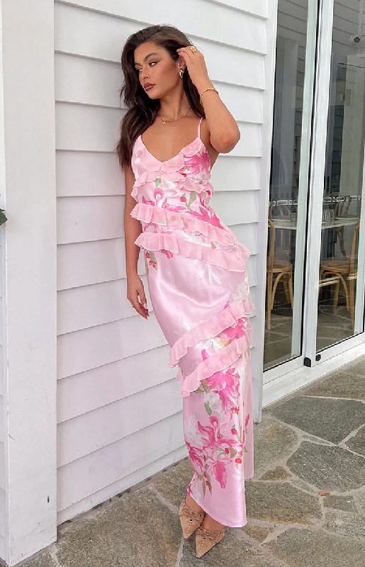 Inara Pink Floral Print Ruffle Maxi Dress Trendy Ruffled Maxi Dress