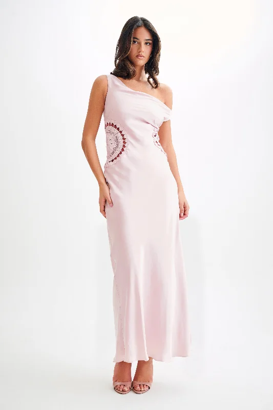 Kristina Satin Maxi Dress With Crochet - Pale Pink Stylish Empire Waist Maxi Dress